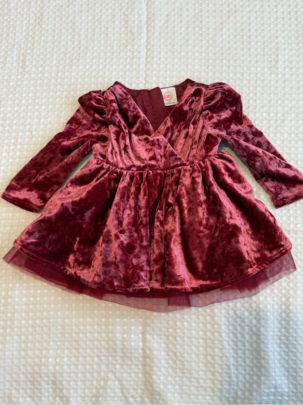 Girls Velvet Long-Sleeve Dress in Burgundy